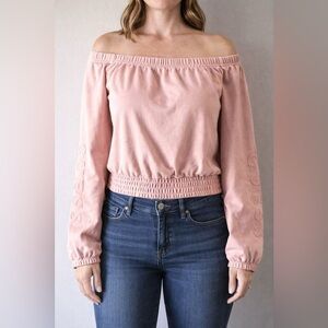 GUESS Blush Pink Off the Shoulder Crop Long Sleeve Sweater Size Medium - Y2K